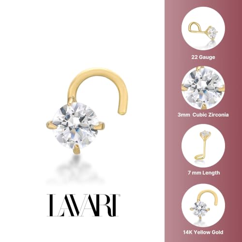22 Gauge Curved Screw Nose Stud for Women - 14k White or Yellow Gold 3 mm White Cubic Zirconia Nose Ring - CZ Unisex Twist Screw Nostril Piercing Jewelry - 22G Body Piercing for Men