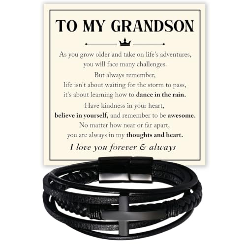To My GrandSon Bracelet – Cross Braided Leather Bracelet, Meaningful GrandSon Gift from Grandpa & Grandma with Heartfelt Message Card & Elegant Gift Box for Birthday, Christmas, Graduation - color: Version#6