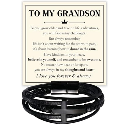 To My GrandSon Bracelet – Cross Braided Leather Bracelet, Meaningful GrandSon Gift from Grandpa & Grandma with Heartfelt Message Card & Elegant Gift Box for Birthday, Christmas, Graduation - color: Version#6