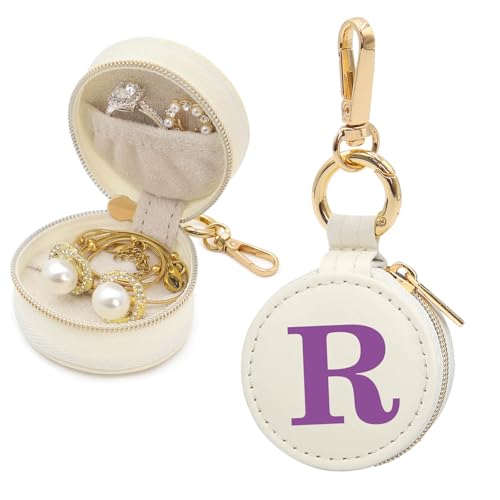 Mini Initial Travel Jewelry Case Ring Holder, Beige Faux Leather Small Jewelry Organizer Box Gifts for Women Girls Nurse Teacher, Gym Travel Accessories Keychain Pouch for Earrings Rings Necklace R - color: Beige, size: Leather-R