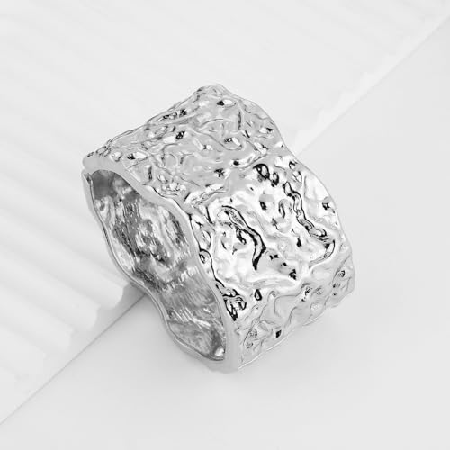 HZMAN Chunky Gold Cuff Bracelets for Women Thick Wide Bangle Bracelet Hammered Open Hinge Wrist Cuff Bracelet Jewelry Gift - color: 12.Meteorite Shaped Silver 7In