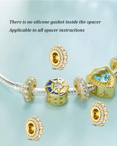 KEQ 925 Silver Spacer Stopper Bead Charms Clearance for Pandora Bracelets Birthstone CZ Always Stopper Birthday Gifts for Mom Grandmom Granddaughter Wife Sisters Friends - color: Golden(2 Pcs)