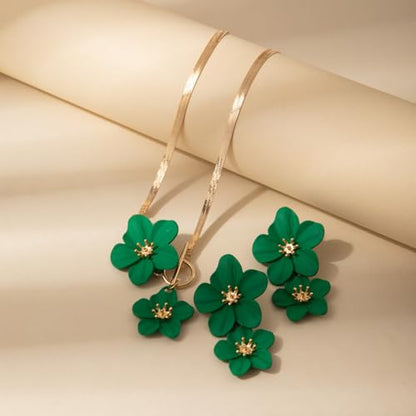 Colorful Flower Necklace Earrings Set for Women Gold Snake Chain Toggle Clasp Pendant Necklaces Dainty Double Flowers Statement Earrings Bridal Wedding Summer Beach Jewelry for Women - color: green