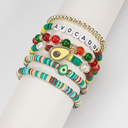 Twinfree Bohemian Cute Fruit Banana Cherry Strawberry Pineapple Mango Polymer Clay Beaded Stackable Stretch Bracelets - color: Color 6