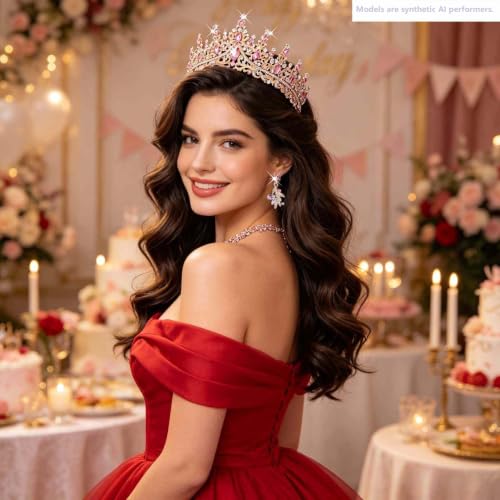 Kamirola Tiaras and Crowns for Women,Tiaras Earrings Necklace, Crystal Bridal Jewelry Set, Costume Jewelry for Women Party Halloween Prom Pageant - color: GOLD PINK