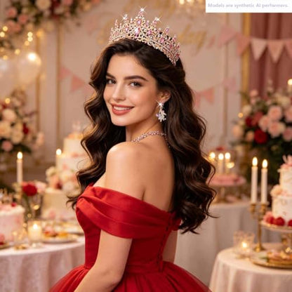Kamirola Tiaras and Crowns for Women,Tiaras Earrings Necklace, Crystal Bridal Jewelry Set, Costume Jewelry for Women Party Halloween Prom Pageant - color: GOLD PINK