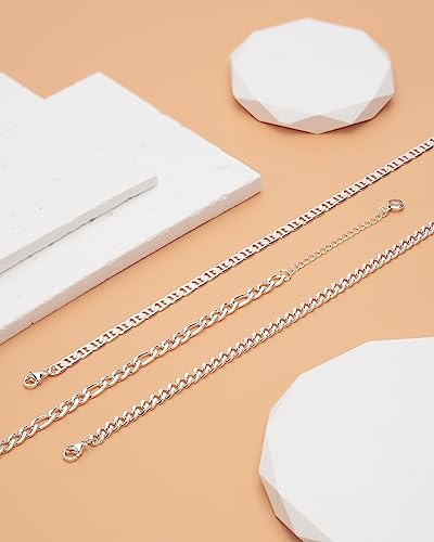 Sterling Silver Ankle Bracelets for Women Strong Lobster Clasp - Cuban Link, Figaro, Rope, Flat Mariner, Snake Herringbone, Satellite, Paperclip - Summer Beach Waterproof Silver Anklet - color: Curb, Figaro, Flat Mariner