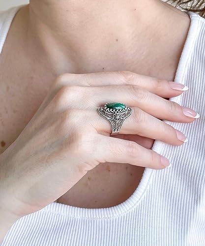 Filigranist 925 Sterling Silver Handcrafted Filigree Art Flower Pattern Woman Oval Statement Ring, Gift Boxed - color: Malachite