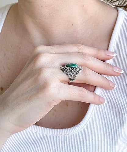 Filigranist 925 Sterling Silver Handcrafted Filigree Art Flower Pattern Woman Oval Statement Ring, Gift Boxed - color: Malachite