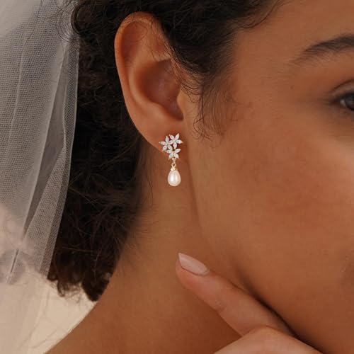 Plenky Pearl Earrings-14K Gold Plated Dainty Pearl Drop Simple Wedding CZ Dangle Dangling Cute Stud Earrings for Brides Earrings for Women Gifts - style: CZ flowers Pearl Earrings