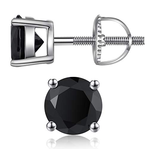 Stud Earrings with Screw Back, 925 Sterling Silver Cubic Zirconia Round Cut/Square Cut Stud Earrings for Women and Men, Long & Thick Post, 4MM-8MM - color: C-Round-Black, size: 5MM