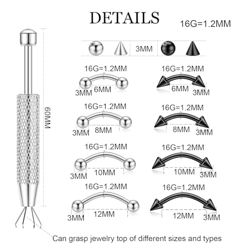 16PCS Eyebrow Piercing Jewelry, 16PCS Replacement Balls and Spike, Curved Barbell Piercing Jewelry, Vertical Labret Lip Jewelry, Rook Piercing for Women Men