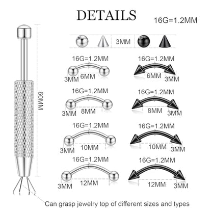 16PCS Eyebrow Piercing Jewelry, 16PCS Replacement Balls and Spike, Curved Barbell Piercing Jewelry, Vertical Labret Lip Jewelry, Rook Piercing for Women Men