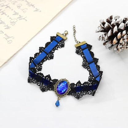 AILUOR Punk Rock Wedding Party Handmade Black Lace Choker, Gothic Retro Lolita Beads Chain Vampire Pendant Necklace for Women Halloween - color: Blue