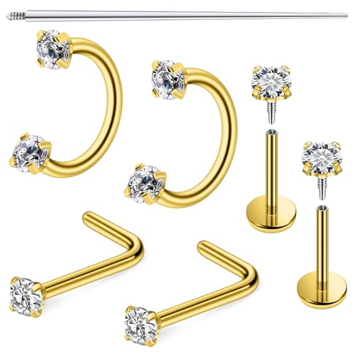 Horseshoe Nose Ring 18G Internally Threaded Nose Rings Hoops Surgical Steel Half Double Cubic Zirconia Nostril Studs Lip Eyebrow Helix Daith Ear Piercing Jewelry For Women - color: goldtone