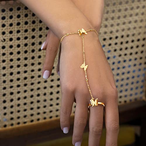 Emibele Gold Bracelets for Women, 18K Gold Plated Hand Chain, Cubic Zirconia Stainless Steel Non Tarnish Hand Chain Bracelet with Finger Ring, Adjustable Trendy Jewelry Valentines Day Gifts for Women - style: Butterfly Pendant
