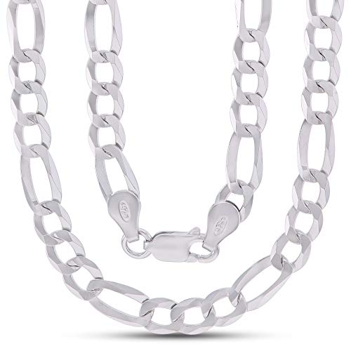 14K Gold or Rhodium Plated Silver Figaro Chain For Men | 1mm-13mm Thick | Solid 925 Figaro Italian Necklaces For Men - style: 5.50MM- White