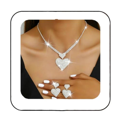 Crystal Heart Bridal Wedding Jewelry Set Silver Rhinestone Necklace Earrings Bracelet Sets Formal Costume Jewelry for Women and Brides - color: Silver Necklace Earrings