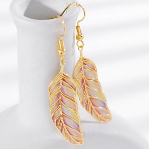 Bohemian Colorful Feather Drop Earrings for Women,Fashion Gradient Leaf Danging Earring Lightweight Hook Shaped Statement Jewelry - color: color D