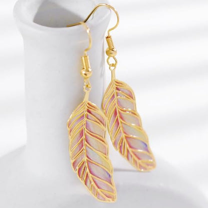 Bohemian Colorful Feather Drop Earrings for Women,Fashion Gradient Leaf Danging Earring Lightweight Hook Shaped Statement Jewelry - color: color D