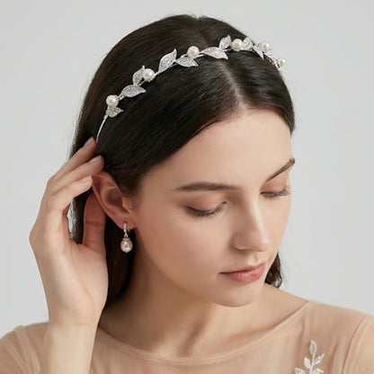SWEETV Silver Bridal Headband, Pearl and Crystal Leaf Wedding Hair Accessories, Delicate Rhinestone Tiara Headpiece for Brides Bridesmaids Girls Prom Party