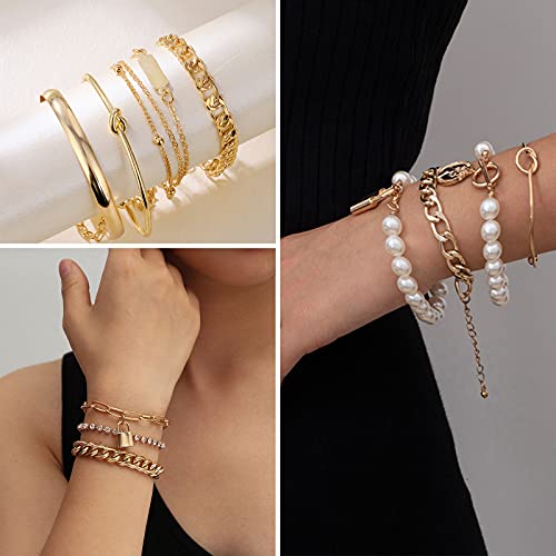 IFKM Gold Plated Jewelry Set for Women,14k Gold Plated Multi Layer Necklaces Stackable Bangle Bracelets Stackable Knuckle Rings Hoop Earrings Set Anniversary Trendy Elegance Charms Anniversary Birthday Jewelry Gift - color: 36 pcs Gold