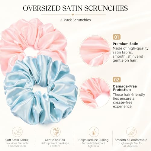 2 PCS Blue Pink Jumbo Satin Silky Scrunchies 6.5 Inches Oversized Scrunchie Extra Large Big Hair Ties Ponytail Holder for Thick Curly Hair Women (Light Blue, Pink) - color: Light Blue, Pink