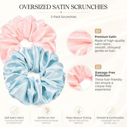 2 PCS Blue Pink Jumbo Satin Silky Scrunchies 6.5 Inches Oversized Scrunchie Extra Large Big Hair Ties Ponytail Holder for Thick Curly Hair Women (Light Blue, Pink) - color: Light Blue, Pink