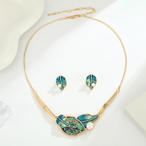 Chunky Statement Jewelry Set Blue Ocean Seashell Choker Necklaces Earrings Set for Women Pearl Bib Collar Necklaces for Party Prom Pageant Summer Fashion Jewelry Unique Birthday Gift - style: leaf abalone shell pearl gold blue
