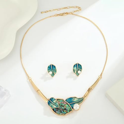 Chunky Statement Jewelry Set Blue Ocean Seashell Choker Necklaces Earrings Set for Women Pearl Bib Collar Necklaces for Party Prom Pageant Summer Fashion Jewelry Unique Birthday Gift - style: leaf abalone shell pearl gold blue