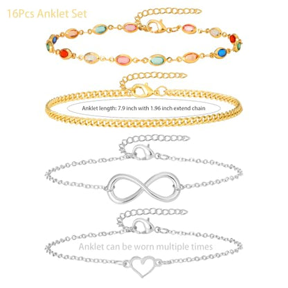 Starain 12Pcs Summer Beach Anklets for Women Waterproof Gold Silver Chain Ankle Bracelets Cute Women's Foot Anklet Set 7.9-10.5 inch Adjustable - color: 16Pcs Silver Anklets