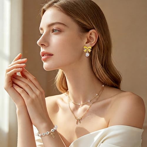 Bow Bracelet Necklace Earring Set for Women 14K Gold Plated Dainty Bow Necklace Flower Trendy Beaded Charm Bracelet Cute Pearl Drop Dangle Earrings Love Romantic Jewelry Gifts - color: yellow
