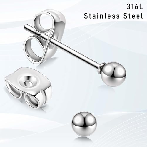 15 Pairs Ball Stud Earrings, Multi-Size Surgical Studs Earring, Simple Polished Ball Studs, Silver Stud Earring Set, Stainless Steel Jewelry for Women & Men(2mm 3mm 4mm 5mm 6mm)