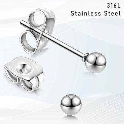 15 Pairs Ball Stud Earrings, Multi-Size Surgical Studs Earring, Simple Polished Ball Studs, Silver Stud Earring Set, Stainless Steel Jewelry for Women & Men(2mm 3mm 4mm 5mm 6mm)