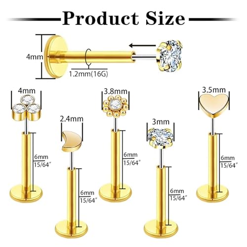 Uni-J 10pcs 20G/18G/16G Threadless Push-in Tragus Conch Cartilage Flat Back Helix Labret Monroe Lip Ring Daith Piercing Jewelry - color: 16G Gold 6mm