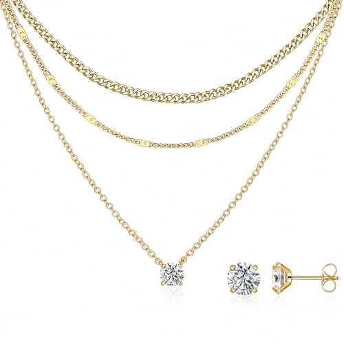14K Gold Plated Necklace and Earrings Set for Women, 4-Piece | Layered Choker Necklace with CZ Stud Earrings, Gold Jewelry Set, Hypoallergenic Jewelry Gift for Women - color: Gold