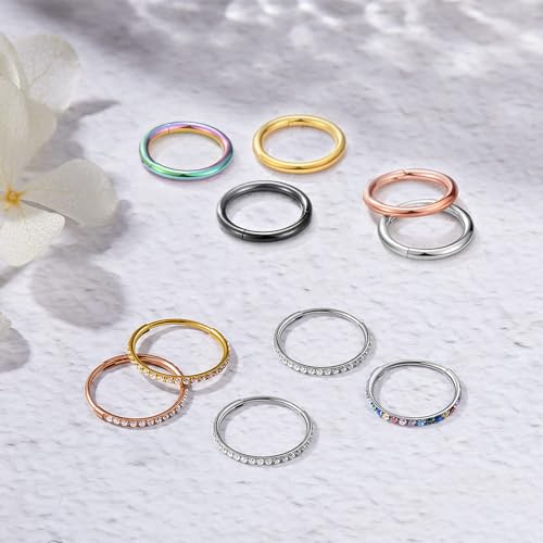 MissNity 316L Surgical Steel Hinged Nose Rings Hoop 20G 18G 16G 14G, Diameter 6mm to 10mm, Color Gold - Rose Gold - Silver - Black - Rainbow - color: D31: Silver & clear cz - 2pcs