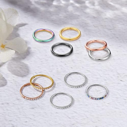 MissNity 316L Surgical Steel Hinged Nose Rings Hoop 20G 18G 16G 14G, Diameter 6mm to 10mm, Color Gold - Rose Gold - Silver - Black - Rainbow - color: D31: Silver & clear cz - 2pcs