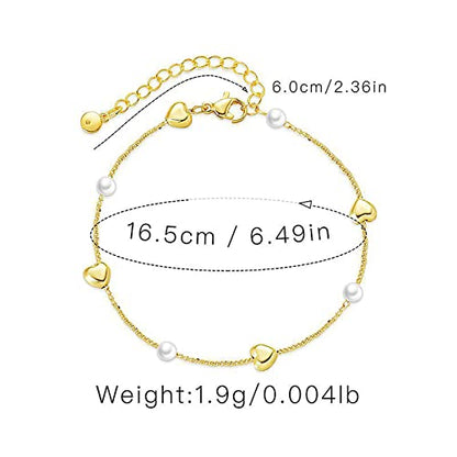 Dainty Gold Bracelets for Women, 18 Gold Plated Adjustable Evil Eye/Butterfly/Beaded/Pearl/Heart/Turquoise Handmade Bracelet for Women - style: Pearl and Heart