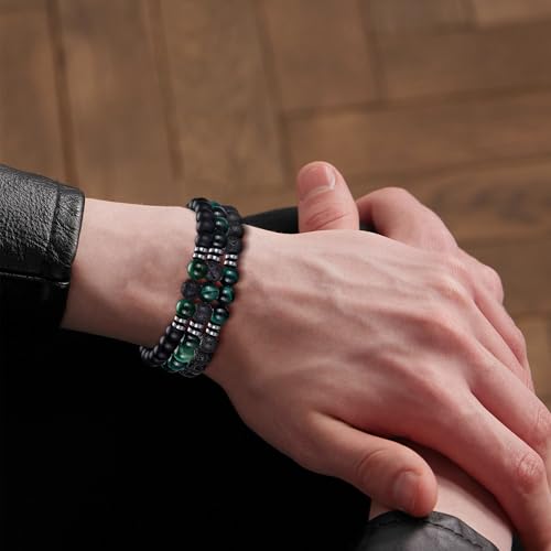 Mens Beaded Bracelets Set 8MM Tiger Eye Lava Stone Stretch Natural Stone Men's Bead Bracelet Mens Bracelet - color: 3, Green Tiger Eye, Frosted, Volcano Bracelet