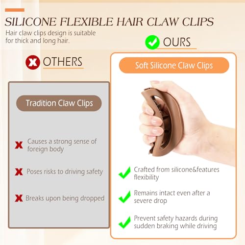 3 Pcs Flexible Hair Clip, 4.1Inch Flexible Claw Clip for Sleeping | Unsnappable Soft Claws Clips for Lying Down & Driving, Non-slip Strong Hold Hair Clips for Thin Thick Hair, Brown&Pink - color: Brown-pink