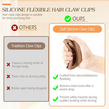 3 Pcs Flexible Hair Clip, 4.1Inch Flexible Claw Clip for Sleeping | Unsnappable Soft Claws Clips for Lying Down & Driving, Non-slip Strong Hold Hair Clips for Thin Thick Hair, Brown&Pink - color: Brown-pink