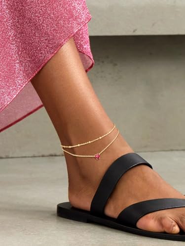 Suplight Gold Plated Butterfly Anklets for Women Waterproof, Layered Boho Ankle Bracelet with Birthstone, Stainless Steel Adjustable Non-Tarnish Heart Foot Jewelry Beach Vacation - color: 07. Heart-July. Ruby