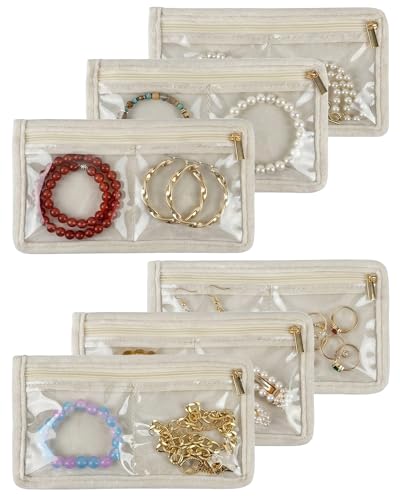 Travel Jewelry Organizer Case Refill Pages-24 Compartments Clear Zipper Velvet Pockets for Rings Earrings Necklaces,2-Section Replacement Pages, Beige,Pack of 6 - color: 2-Section Inner Pages,Beige,Pack of 6