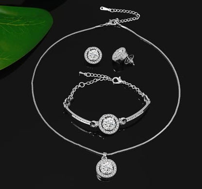 Women 4Pieces Cubic Zirconia Jewellery Set Rhinestone Necklace Earrings Bracelet Ring - color: Silver