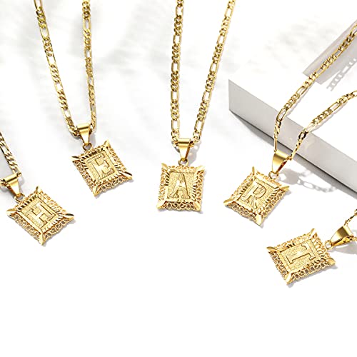 KissYan Initial Letter Pendant Necklace for Men Women, 14K Gold Plated Square Capital Monogram Necklace Alphabets from A-Z Figaro Chain Jewelry | 14K Gold Filled/White Gold Plated, Square Letter Capital Monogram Pendant with 20''+2'' Figaro Chain, Alphabe