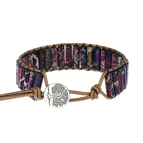 Plumiss Women Boho Handmade Natural Stone Crystal Leather Bead Wrap Bracelets Collection - style: Purple Jasper 1W