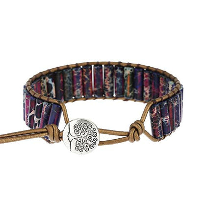 Plumiss Women Boho Handmade Natural Stone Crystal Leather Bead Wrap Bracelets Collection - style: Purple Jasper 1W