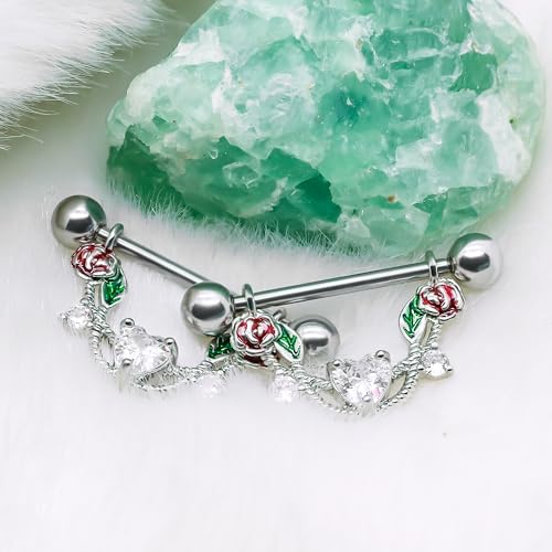 2pcs 14G Nipple Rings Flower Nipple Bars Surgial Steel 316L Nipple Piercing Jewelry Heart Nipple Barbell for Women - color: WHITE HEART