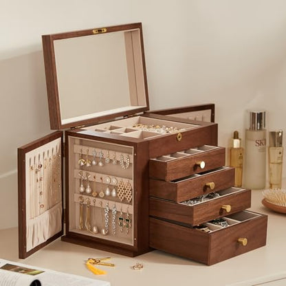 CHOSIN Black Walnut Wooden Jewelry Box for Women with Lock, Mirror, 5 Layer | Lockable wity Key, 4 Drawers, 2 Side Doors, Large Capacity for Necklaces, Earrings, Rings, Watches, Brooches, Women Gifts - size: 5 Layer - Top Lock